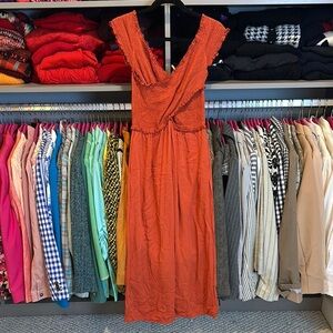 E Pretty terracotta cross over smocked 2 pocket cropped jumpsuit size S